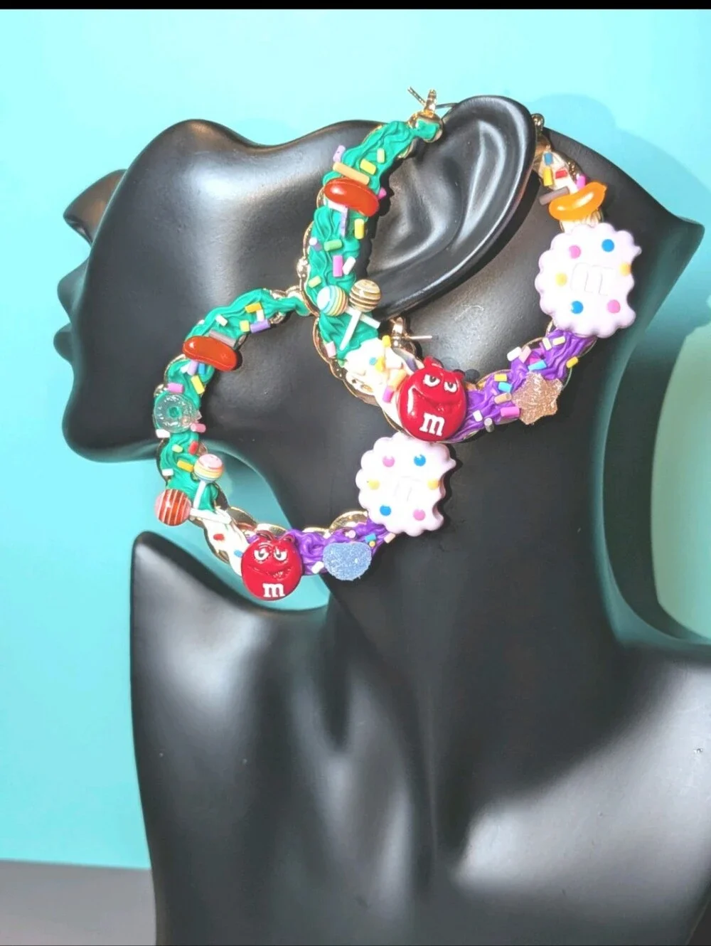 Hand Crafted Decoden Multicolor Candy Hoop Earrings -Green & Purple & Red & Pink
